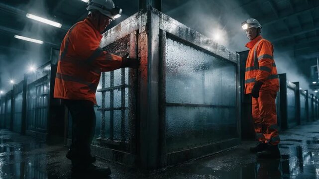 Maintenance access angle capturing workers inspecting nickel electrolytic cells with clear visibility of rectangular cell structure and electrode surfaces in the sulfate