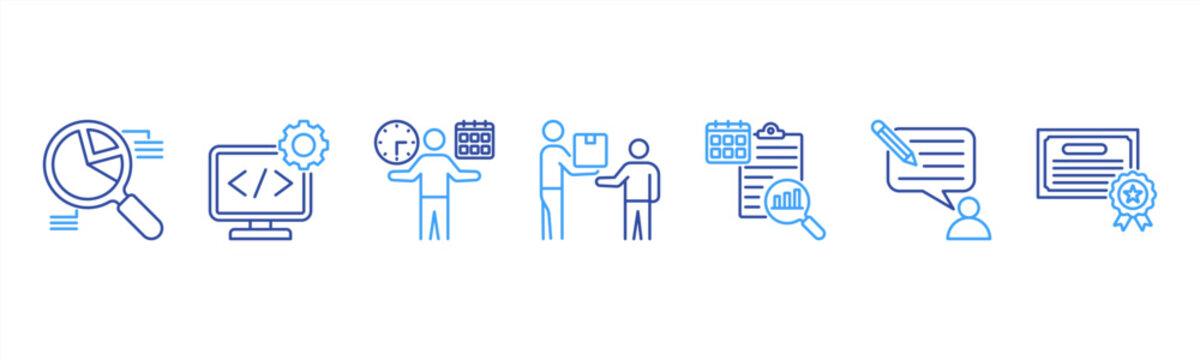 Training Management icon set includes Needs Analysis, Program Design, Scheduling, Delivery, Evaluation, Feedback, and Certification for effective training programs.