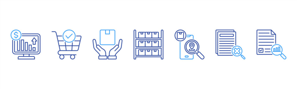 Inventory Management icon set includes Stock Monitoring, Ordering, Receiving, Storage, Tracking, Auditing, and Reporting for organized inventory control.