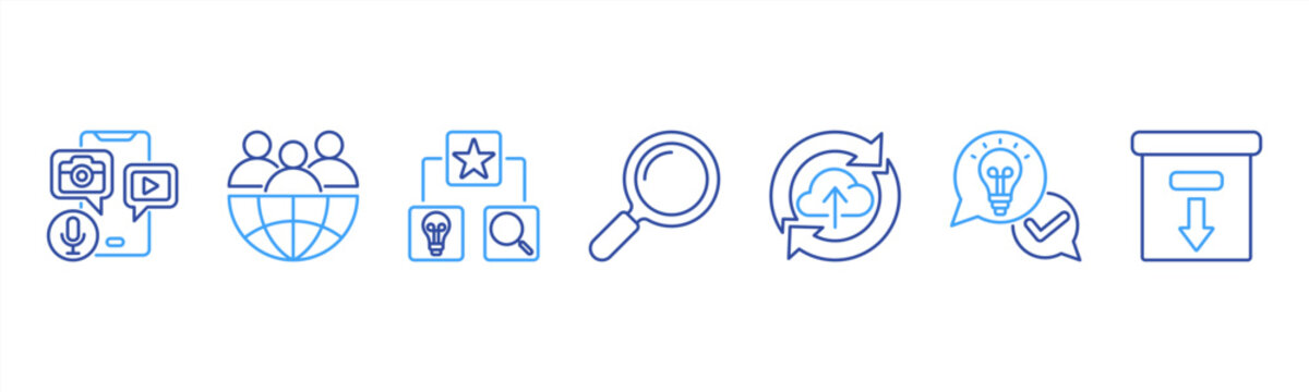 Knowledge Base Management icon set includes Content Creation, Organization, Categorization, Search, Update, Feedback, and Archiving for centralized knowledge management.