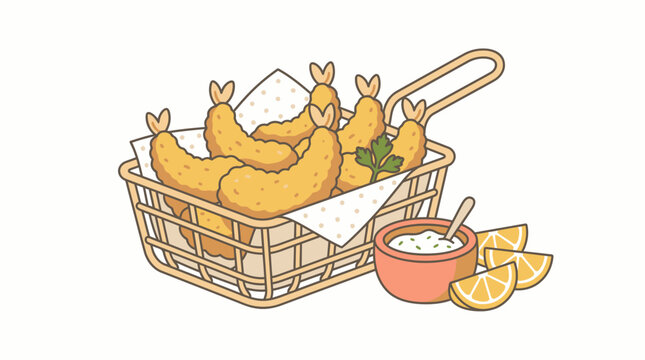 Delicious golden fried shrimp served with a creamy dip and lemon slices