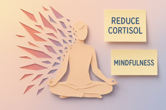Calm seated figure during peaceful meditation with dissolving sharp shape reducing stress and lowering cortisol promoting mindfulness on pastel gradient background with sticky note