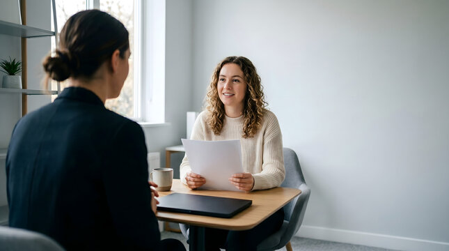 Employee interview and feedback discussion across a small office table with notes and copy space.
