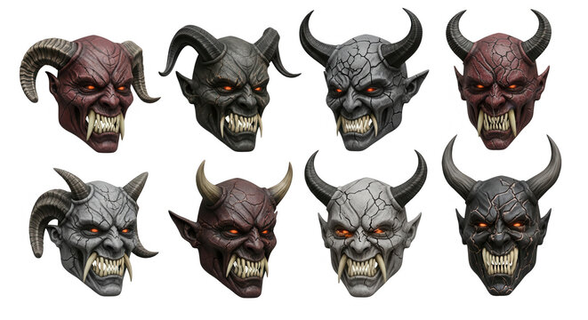 a collection of various demon head busts with horns teeth and glowing eyes arranged on a white backdrop fantasy and horror design projects