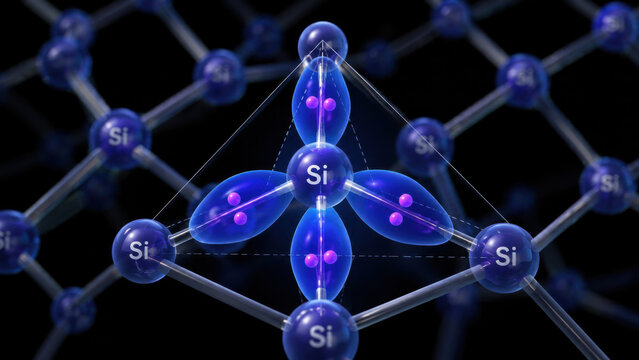 Fascinating visualization showing glowing blue silicon atom valence shell within complex structure of molecule, highlighting intricate tetrahedral bonding geometry and deep science