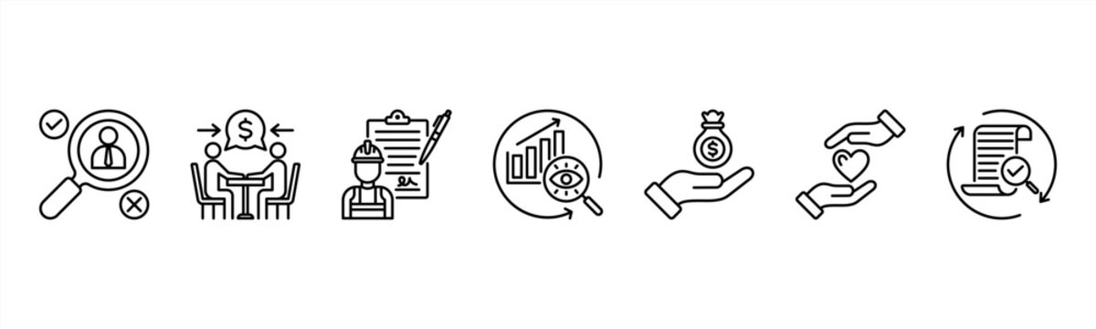 Vendor Management icon set includes Selection, Negotiation, Contracting, Monitoring, Payment, Relationship Management, and Review for supplier collaboration.
