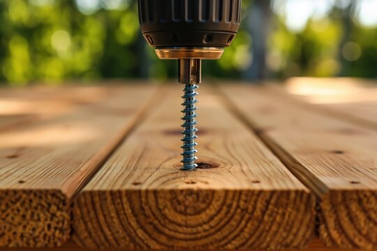 Drill driving metal screw into wood planks for deck construction building diy renovation