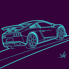 Naklejka premium Cyan neon outline of powerful sports car speeding on abstract road against deep purple background, dynamic rear view illustration of racing vehicle