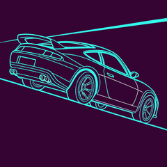 Naklejka premium Dynamic cyan line art illustration of sporty car speeding uphill on abstract road, glowing outline against dark purple background, racing action