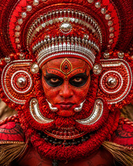 Fototapeta premium Traditional Theyyam Ritual Performer in Red Costume and Elaborate Headdress from Kerala India