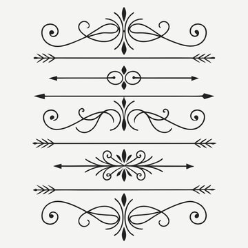 Collection of decorative vintage dividers and text separators with arrows, ornamental swirls, calligraphic design elements