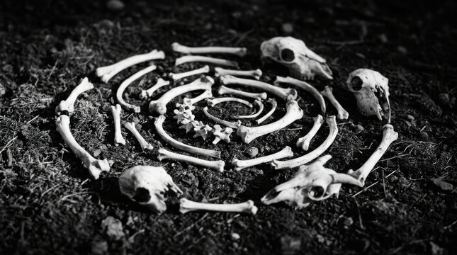 Black and white high-contrast photograph of small animal skulls and bleached skeletal bones artfully arranged in a concentric circular spiral pattern on dark textured garden soil.