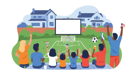 Naklejka premium A diverse multi-ethnic family in a suburban North American backyard watching a soccer match on a white projector screen, cheering with excitement, minimalist flat vector artwork, clipart style,