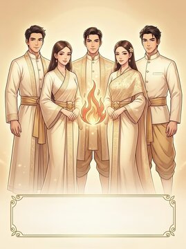 Anime style illustration of niche concept Anime style illustration of a noble Southeast Asian family in traditional Thai clothing, performing a sacred flame ritual symbolizing unity and divine power