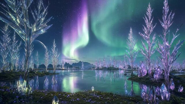 Fantasy Crystal Forest and Aurora Borealis Reflecting on a Mystical Lake