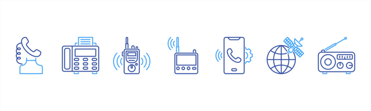 Communication device icons including Telephone, Fax Machine, Walkie Talkie, Pager, Smartphone, Satellite, Radio.