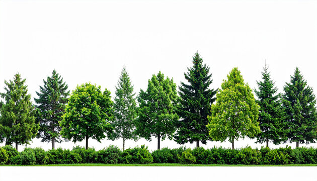Line of green pine trees isolated on white background