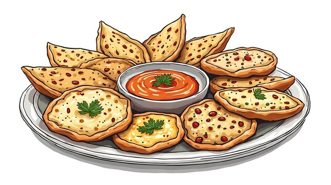 Crispy Baked Nachos with Tomato Dipping Sauce on a Round Plate