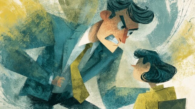 3.Office illustration depicting toxic boss criticizing subordinate, employee shrinking posture, visual metaphors of pressure and control, muted colors, corporate abuse and psychological stress theme