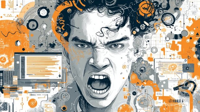 30.Creative illustration of developer under pressure, computer code and icons blending into strained facial expression, concept of mental overload in digital work