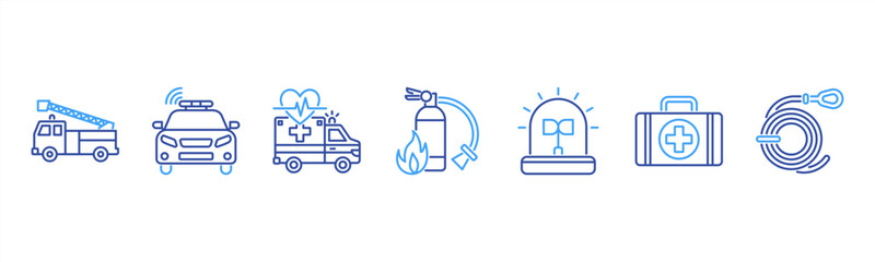 Emergency services icons featuring Fire Truck, Police Car, Ambulance, Fire Extinguisher, Siren, First Aid Kit, Rescue Rope. © Dewi Sari