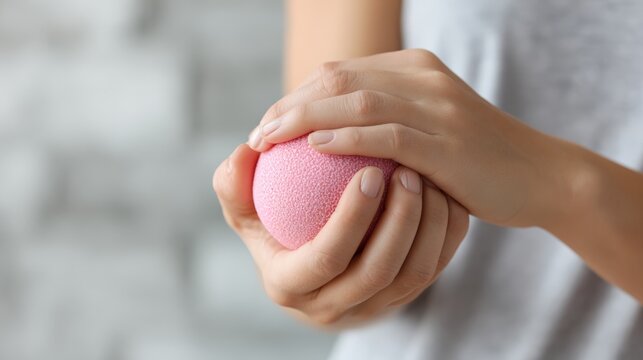 58.Intimate close-up image showing a woman squeezing a stress relief ball, hand muscles tense, blurred beauty salon background, coping with discomfort concept