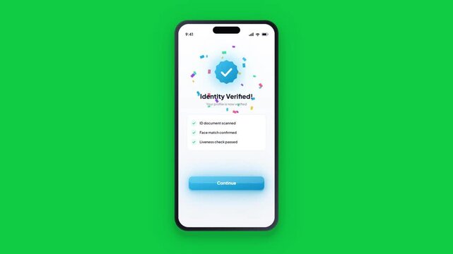 3D smartphone identity verification app scanning document with approval animation on green screen