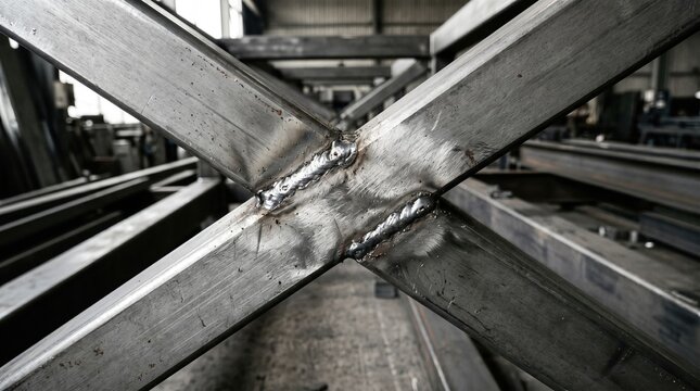 Welded steel crossbeam joint in workshop