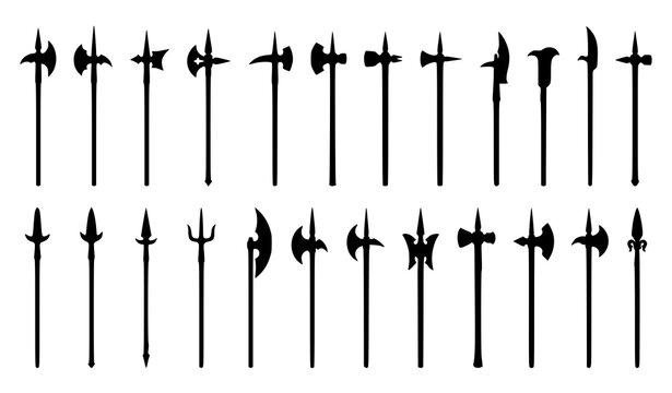 Historical medieval polearm collection with halberd and poleaxe vector silhouettes