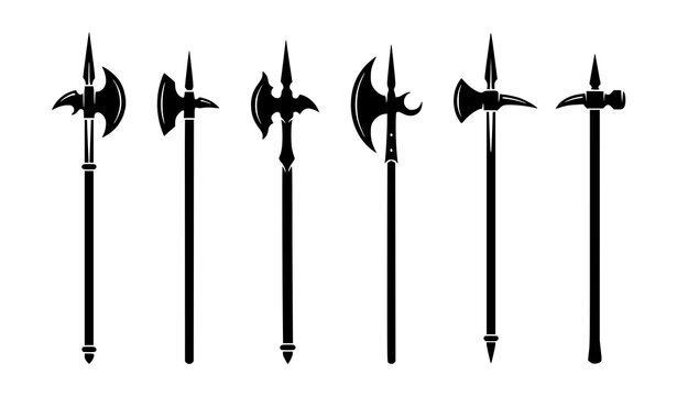 Medieval polearm icon bundle with halberd and poleaxe silhouettes isolated on white