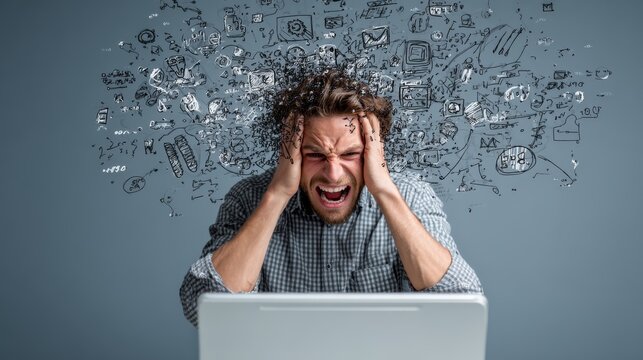 25.Concept = Man with computer coding and icons forming stressed facial expression