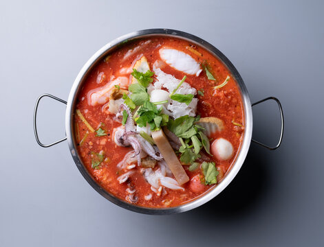 Thai pink noodle soup Yentafo seafood hot pot