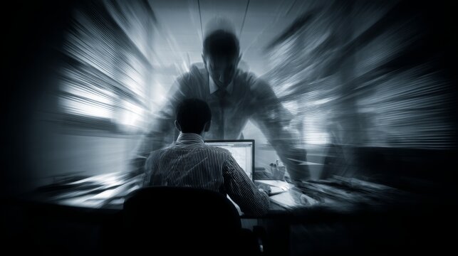 5.Symbolic office environment showing isolated employee under verbal pressure from superior, distorted perspective, heavy atmosphere, themes of gaslighting, labor relations conflict, and emotional