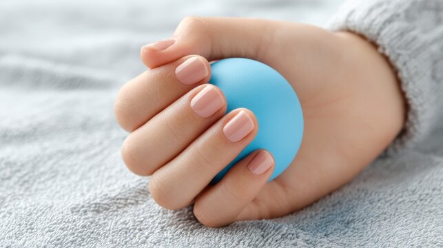 56.Close-up photograph of a woman&acirc;&euro;&trade;s hand tightly squeezing an anti-stress ball, visible tension in fingers, beauty salon setting, emotional discomfort concept