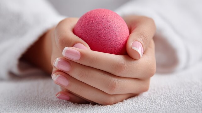 56.Close-up photograph of a woman&acirc;&euro;&trade;s hand tightly squeezing an anti-stress ball, visible tension in fingers, beauty salon setting, emotional discomfort concept