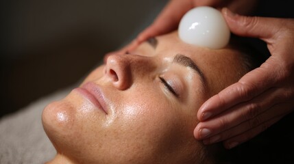 Naklejka premium 60.Close-up scene of a stress ball being squeezed by a womanâ€™s hand during a cosmetic treatment, realistic skin texture, soft lighting, salon atmosphere