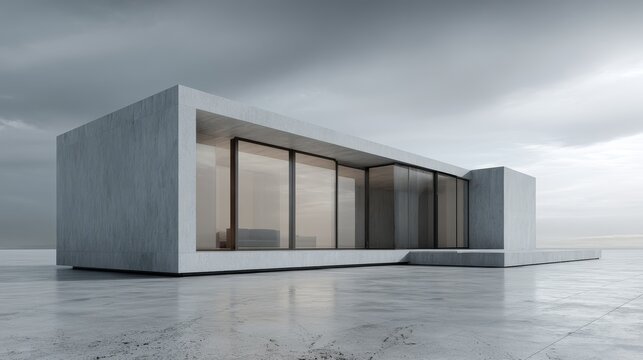 77.Photorealistic 3d render of a minimal modern residence, boxy architecture, floor to ceiling windows, matte concrete finish, clean white background