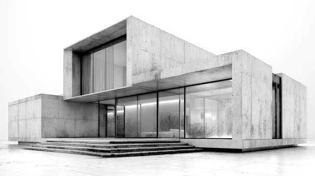 77.Photorealistic 3d render of a minimal modern residence, boxy architecture, floor to ceiling windows, matte concrete finish, clean white background