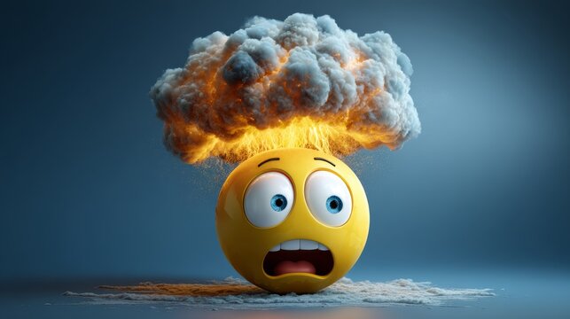 24.Cartoon style mind blown emoji, yellow face with wide eyes and exploding head cloud, polished 3D vector illustration with dramatic effect