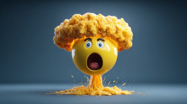 20.3D stylized emoji of shocked yellow face with exploding head, dramatic brain burst forming mushroom cloud shape, expressive emotional impact, glossy vector icon style