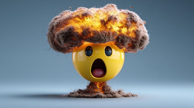 20.3D stylized emoji of shocked yellow face with exploding head, dramatic brain burst forming mushroom cloud shape, expressive emotional impact, glossy vector icon style