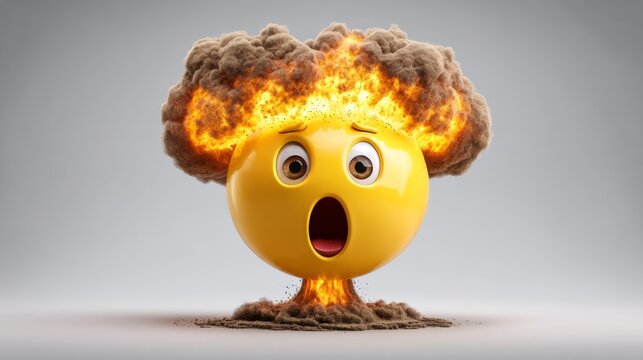 20.3D stylized emoji of shocked yellow face with exploding head, dramatic brain burst forming mushroom cloud shape, expressive emotional impact, glossy vector icon style