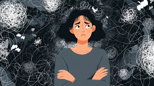 11.Flat vector scene of confused and depressed woman, tangled symbols around head representing overthinking, psychological struggle and mind health issues