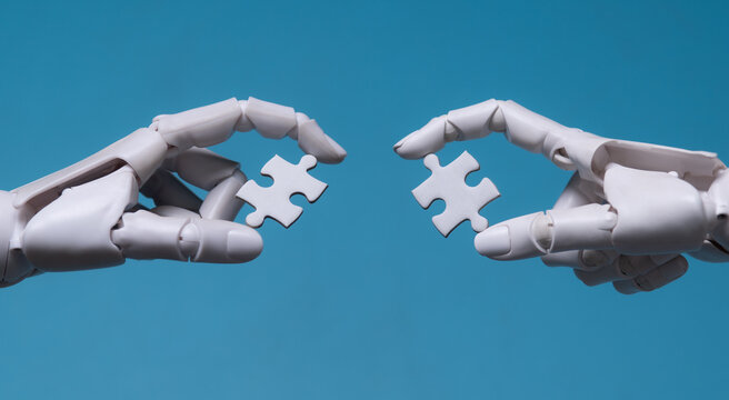 Two robotic hands connecting white jigsaw puzzle pieces on blue background.