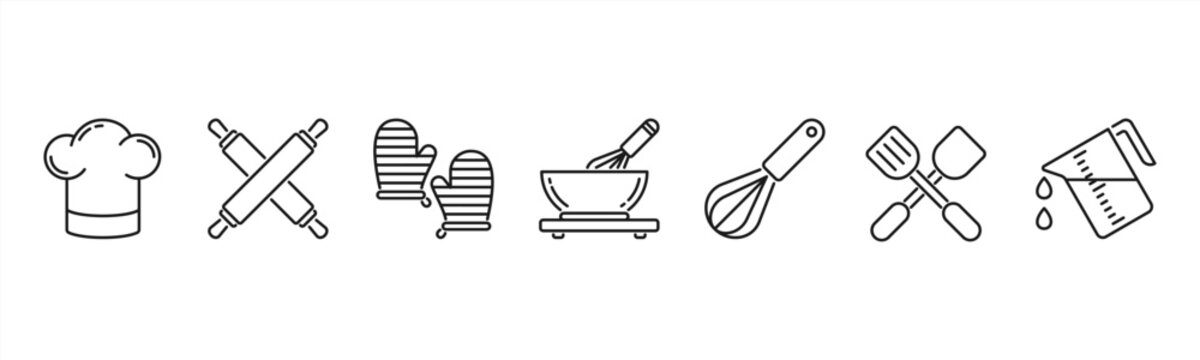 Cooking and baking icons featuring Chef Hat, Rolling Pin, Oven Mitt, Mixing Bowl, Whisk, Spatula, Measuring Cup.