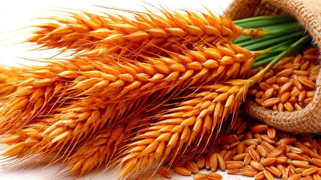 Close up of golden wheat stalks and pile of wheat grains in burlap sack with agriculture, commodity