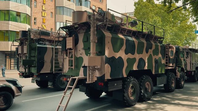 This heavy armored military camouflage truck remains parked on a sunny city street during an outdoor public exhibition featuring modern tactical defense vehicles.