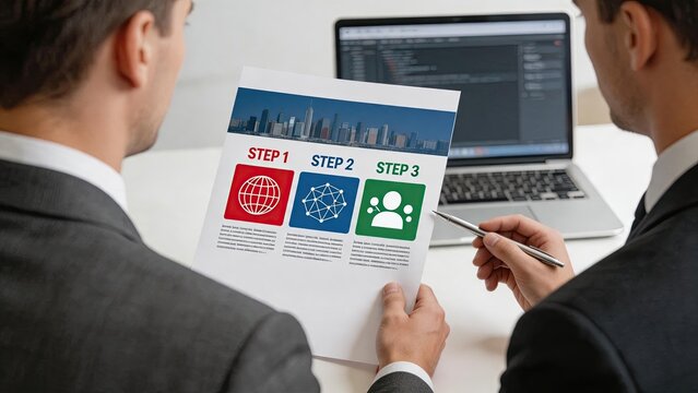 Two businessmen discussing strategy steps document, team collaboration, project planning, business meeting, corporate presentation, partnership agreement, professional
