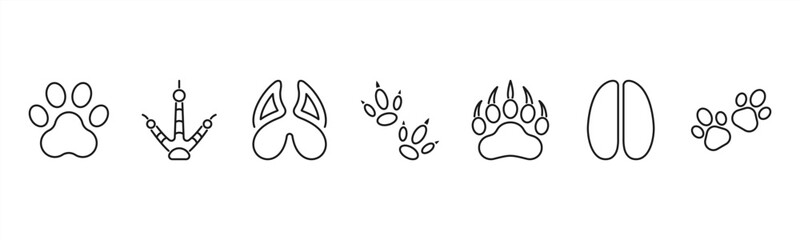 Obraz premium Animal tracks icons featuring Paw Print, Bird Footprint, Hoof Print, Reptile Track, Bear Claw, Deer Track, Rabbit Footprint for wildlife tracking.