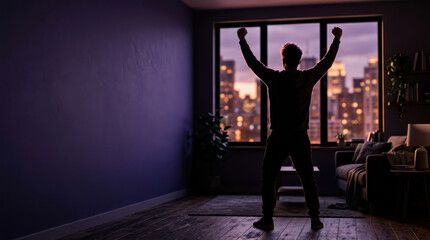 Obraz na płótnie Canvas Silhouette celebrating victory with raised arms in modern living room at sunset city view window